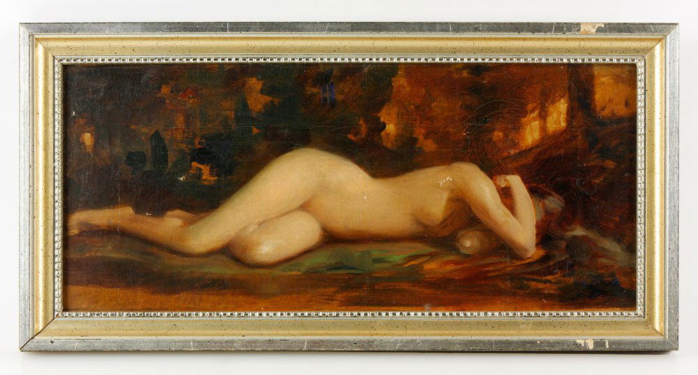 Keith, Portrait of Mae Hotely, O/CB: William Keith (American, 1838-1911), portrait of Mae Hotely in the nude, oil on canvas board, Ms. Hotely was the artist's girlfriend, an accomplished actress in over 80 silent films, 6 1/4" h x 14 1/2
