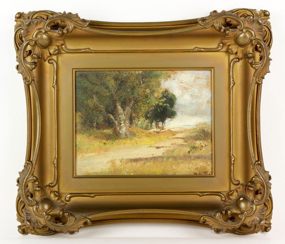 Keith, Landscape, O/B: William Keith (American, 1838-1911), landscape, oil on paper board, signed lower right, 6" h x 8 1/2" w (view), 14" h x 16" w (frame). Provenance: From the Estate of Mary L. Alchian, Palm Springs, CA.