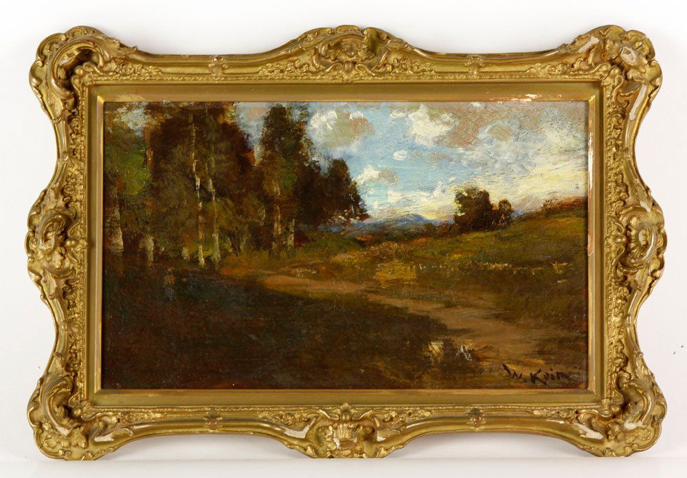 Keith, Landscape, O/P: William Keith (American, 1838-1911), landscape, oil on panel, signed lower right, 4 3/4" h X 7 3/4" w (view), 7 1/2" h x 10 1/2" w (frame). Provenance: From the Estate of Mary L. Alchian, Palm Springs