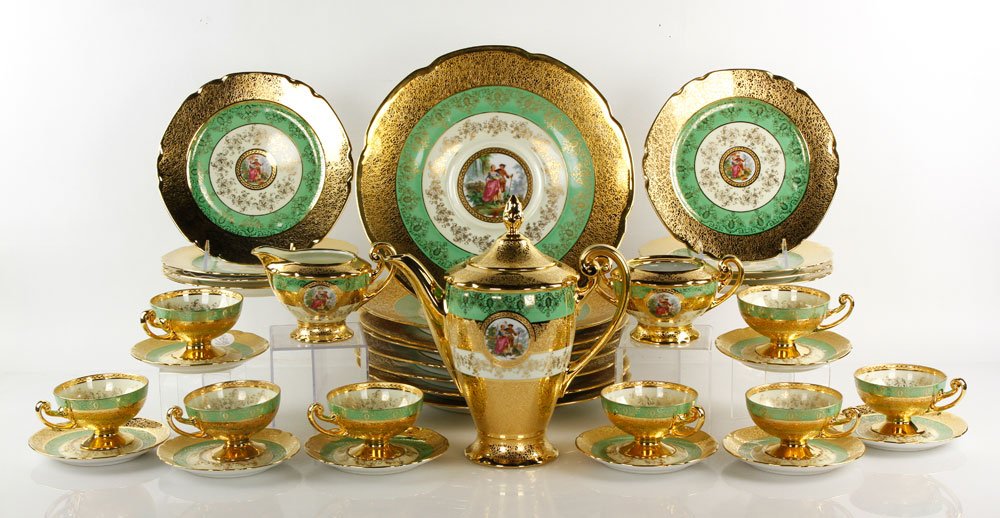 Victoria Czechoslovakia Gold Decorated China: Victoria Czechoslovakia gold decorated china, porcelain. Provenance: From the Estate of Mary L. Alchian, Palm Springs, CA.
