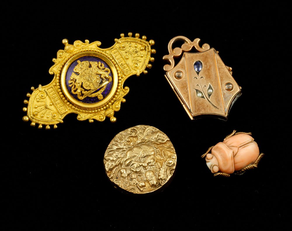 Lot of 4 Items: Lot of four items, to include: 14K gold buddha, approximately 14 g. TW; 14K gold and coral Japanese beetle; gold filled locket with seed pearls; enamelled Swedish brooch. Provenance: From a Massachuse