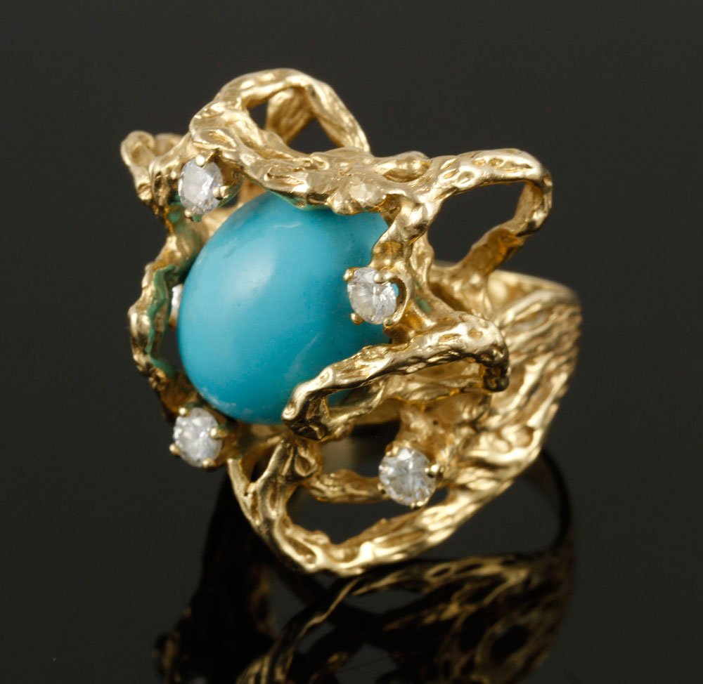 Ladies' 1960s 14K Turquoise and Diamond Ring: Ladies' 14K gold turquoise and diamond ring, 1960s, diamonds approximately .75 CTW, approximately 17 g. TW, size 7 3/4. Provenance: From the Estate of Mary L. Alchian, Palm Springs, CA.