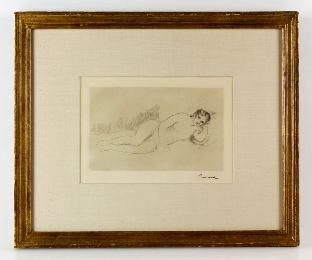 Renoir, "Femme Nue Couchee," Lithograph: Pierre-Auguste Renoir (French, 1841-1919), "Femme Nue Couchee," lithograph, circa 1906, signed in pen lower right, framed and matted, 5" h x 8" w (plate), 13 1/4" h x 16" w (frame). Provenance: From t