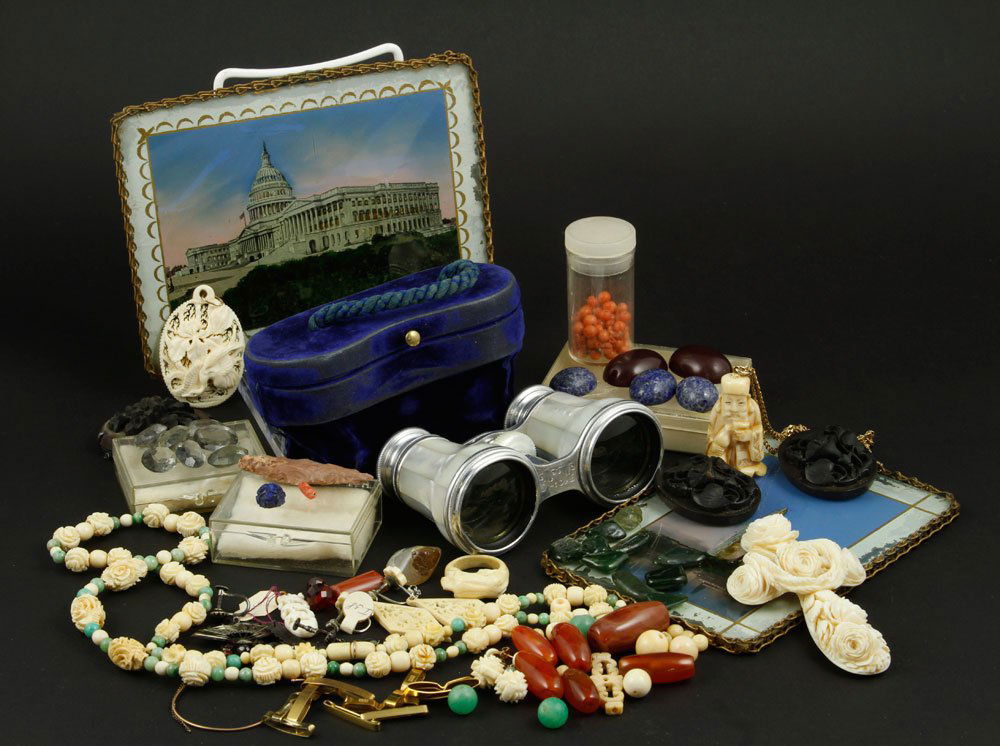 Collection of 19th C. Oddities: Collection of 19th century oddities, including French opera glasses and semi-precious stones. Provenance: From the Estate of Mary L. Alchian, Palm Springs, CA.