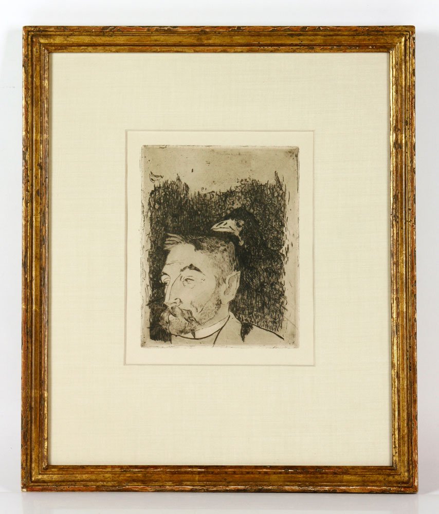 Gauguin, "Portrait of Stephane Mallarme," Etching: Paul Gauguin (French, 1848-1903), "Portrait of Stephane Mallarme," etching, third state, 11/80, with Galerie Trianon label verso, matted and framed under glass, 7" h x 5 5/8" w (plate), 16 3/8" h x 14