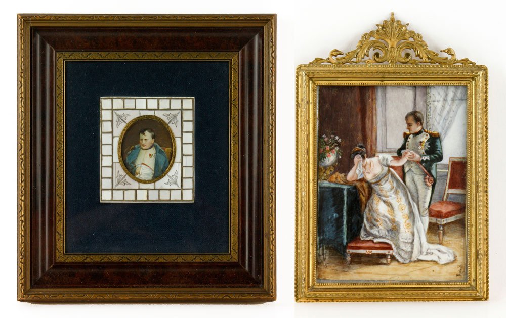 2 French Miniature Paintings: Two French miniature paintings of Napoleon, to include: after Eleuterio Pagliano, Divorce of Napoleon and Josephine, signed Ruland lower right, in gilt bronze frame, 6 3/4" h x 4 1/2" w (frame);and po