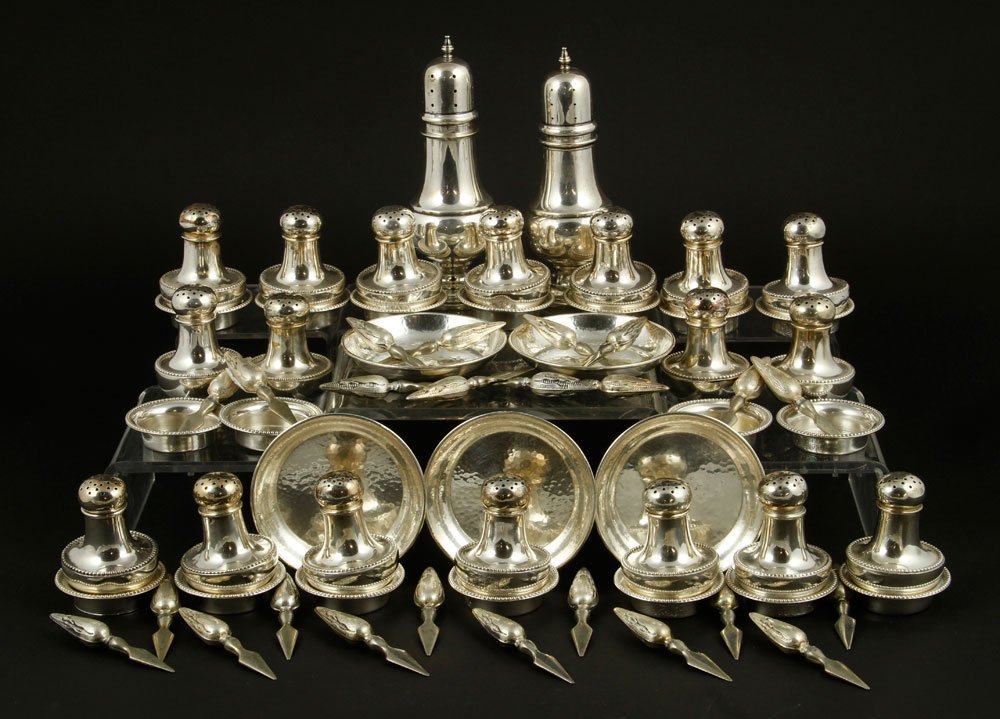 Lot of Assorted Sterling Silver Salts: Lot of assorted salt shakers and cellars, sterling silver, including Shreve and Rogers, along with a set of sterling silver corn holders, approximately 35.0 troy oz. TW (allowing .2 oz. for each of tw