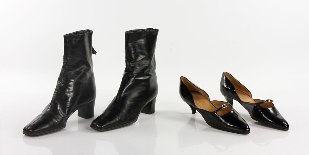 Two Prs. Hermes Shoes: Two pairs of Hermes shoes to include: Hermes Paris Mary Jane style heels, black patent leather, US 7, EU 37.5, and Hermes Paris ankle boots, made in Italy, black leather, US 7, EU 37.5. Provenance: Fr