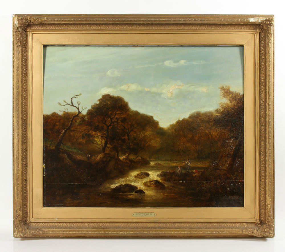 Figures on a River Bank, O/P: Figures on a river bank, oil on panel, signed "John Constable" lower center, 21 3/4" h x 26" w (view), 28 1/2" h x 33 3/4" w (frame). Provenance: From a Florida estate. Purchased at Christie's, South