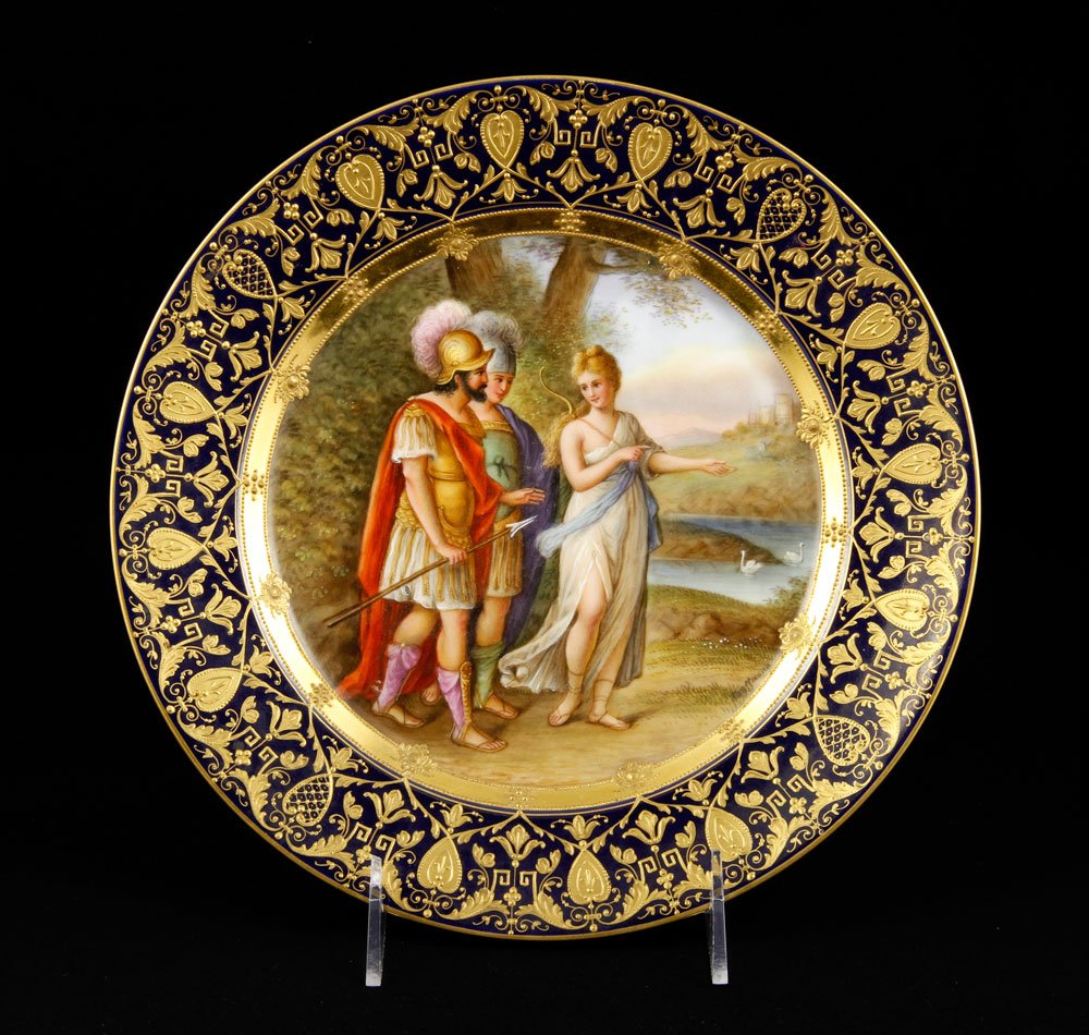 Royal Vienna Plate: Royal Vienna plate, porcelain with gilt decorated border, hand painted with copy after Angelica Kauffmann, "Venus Directing Aeneas and Achates to Carthage," signed Kauffmann, inscribed "Achilles auf d