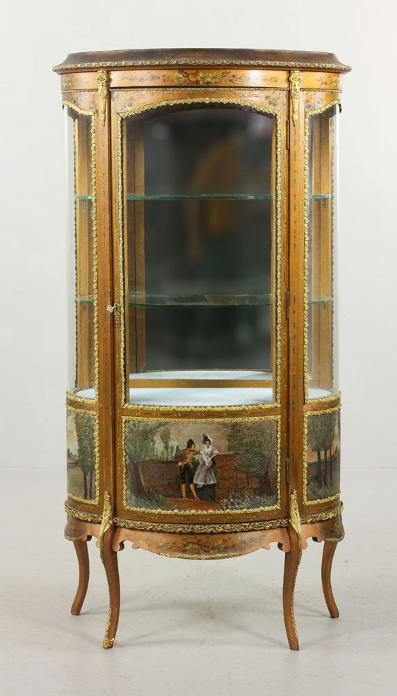 French Vitrine: French vitrine, with ormolu mounts and hand painted scenes, 60" h x 30" w x 15 1/2" d. Provenance: From a Massachusetts estate.