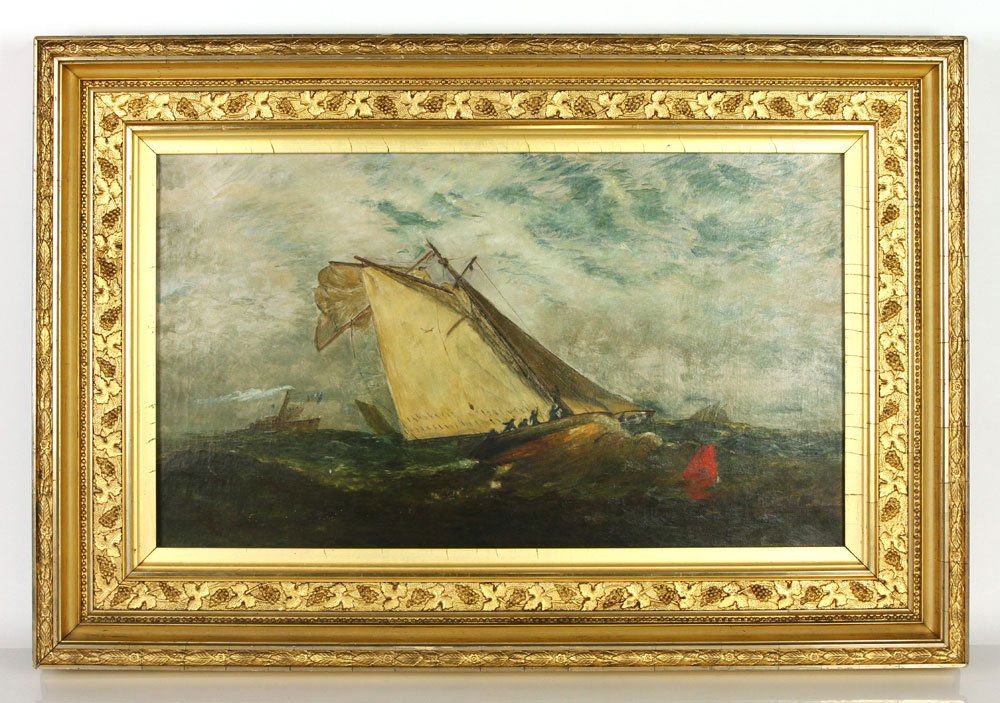 19th C. American, Ship at Sea, O/C: 19th century American, sailing ship at sea, oil on canvas, in period gilt frame, 14" h x 24" w (view), 21" h x 32" w (frame). Provenance: From a California collection.
