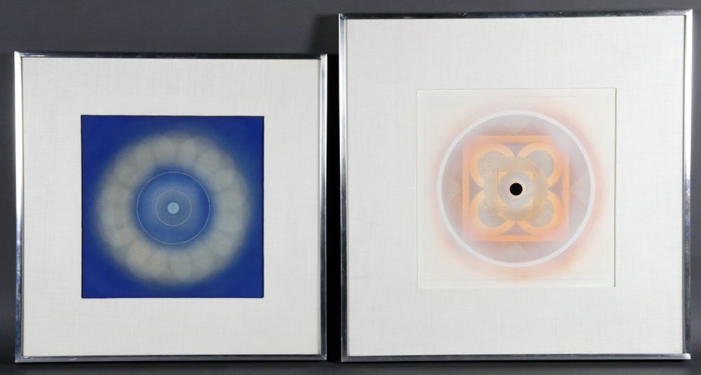Tiopaz, 2 Works, M/M: Robert H. Tiopaz, two mixed media works, airbrush, gouache and pen, both works signed, signed label verso and Kulicke Gallery frame, one is 9" sq (view), 15 1/4" sq (frame), other is 9 3/4" sq (view),