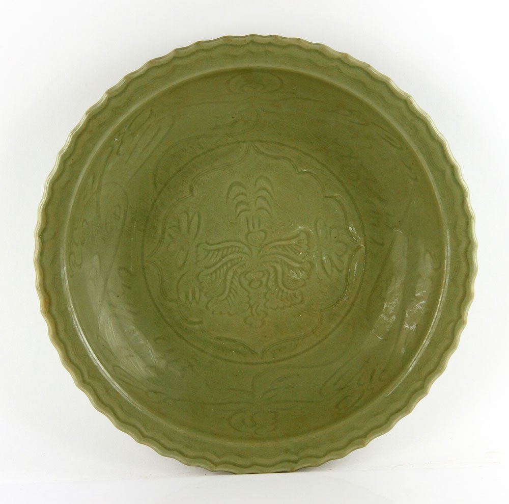 Chinese Ming Dynasty Longquan Porcelain Plate: Longquan Porcelain Plate, China, Ming Dynasty, flower petal rim, decorated with peony decorations, 16 1/4" dia.