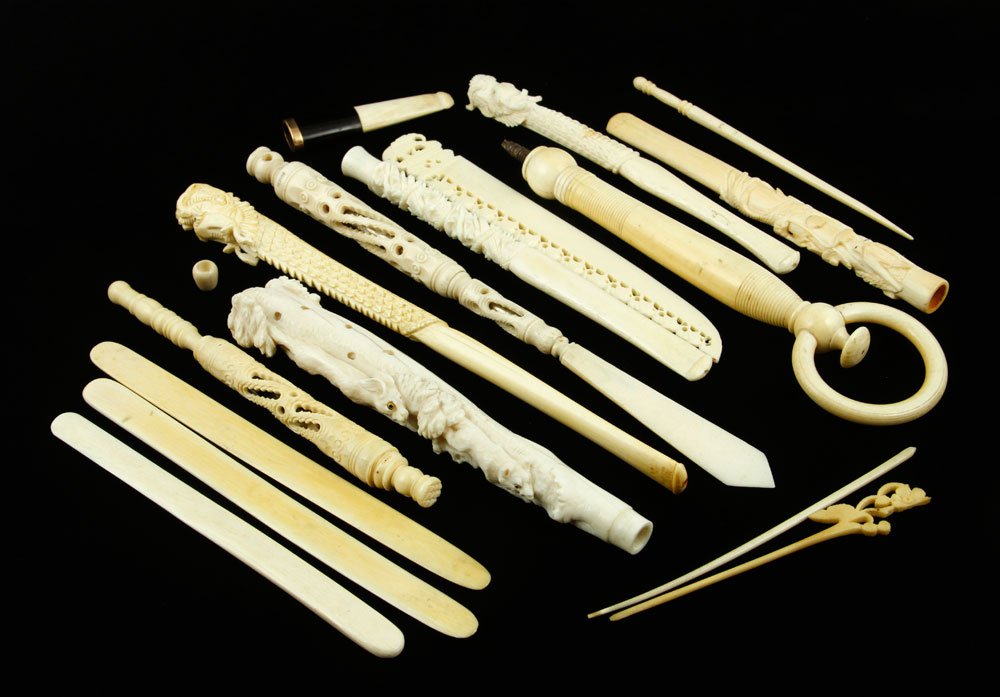 Lot of 19th C. Chinese Items: Lot of assorted items, China, 19th century, to include pipes, pins, letter opener, writing implement, and other implements, longest 8 3/4" l.