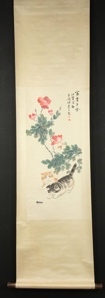 Chinese Scroll W/C: Scroll watercolor painting, China, of cat under flowers, signed Wang Xuetao, 31 1/2" x 13".