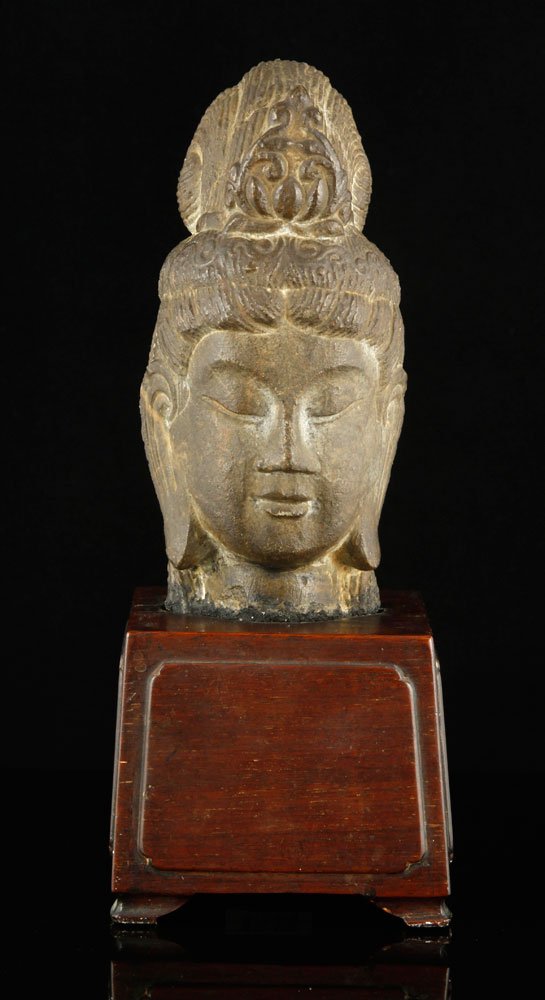 19th C. Chinese Guan Yin Figure: Guan Yin figure, Northern China, 19th century, later Qing period, stone, 9" h.