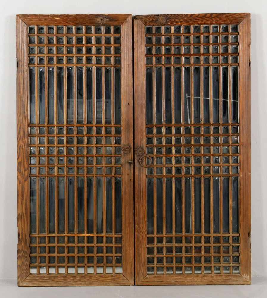 Pair of Antique Chinese Shutters: Pair of antique window shutters, China, with mirrored backs, 48" h x 20" w.