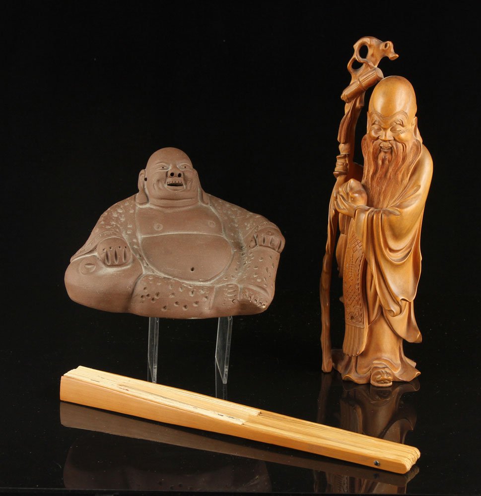 Lot of 3 Chinese Figures: Lot of three figures, China, one huanghuali wood, 9"h; one fixing pottery, 3 1/2" h and Chinese watercolor painting, 9".