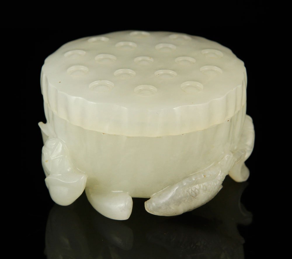 Chinese Covered Jar: Covered jar, China, mutton fat jade, carved with lotus design, 1 1/2" h x 2 1/2" dia.