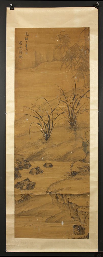 19th C. Chinese Painting on Silk: Painting of bamboo and orchids, China, late 19th century, Song Dynasty, watercolor on silk, signed "Su Shi," 5' 7" l.