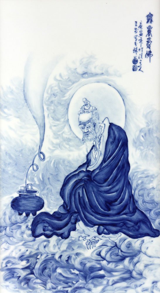 Chinese Porcelain Plaque: Plaque, China, porcelain, depicting Luohan figures, signed Wang Bu, 24 1/2" h x 15 1/4" w.