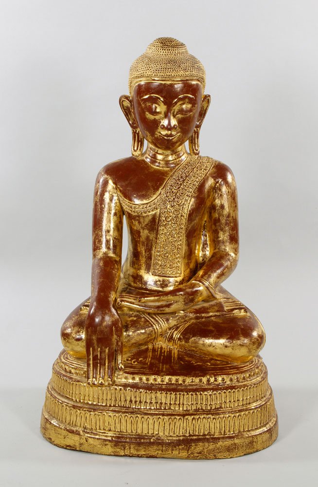 Burmese Lacquered Papier Mache Buddha Figure: Figures of the Buddha, Burma, lacquer and gilt over papier mache, 32" h x 19" w x 13" d.