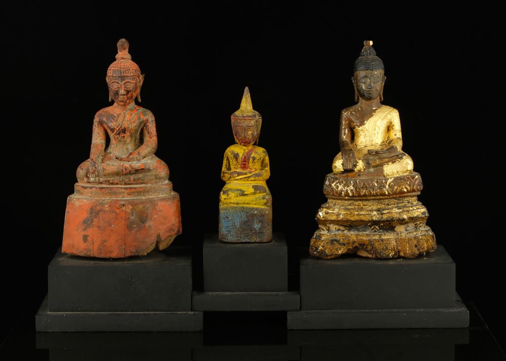 Lot of 3 18th/19th C. Wooden Figures: Lot of three figures, Burma or Thailand, late 18th or early 19th century, carved wood, with gilt and painted decoration, on black bases, largest 7 1/2" h x 4" w.