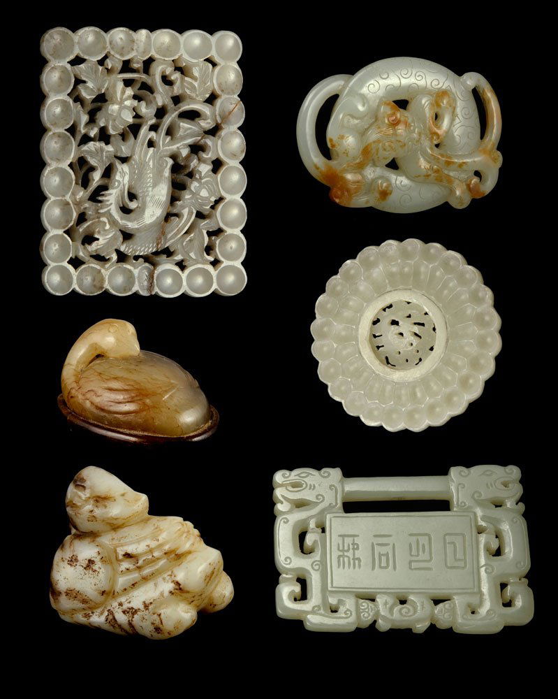 Collection of 6 Chinese Jade Pieces: Collection of six small carvings, China, jade. Provenance: From the collection of the late M. B. Davis, of Studio City, CA. Once displayed at the Hunt Food Branch Fullerton Public Library, in April 19