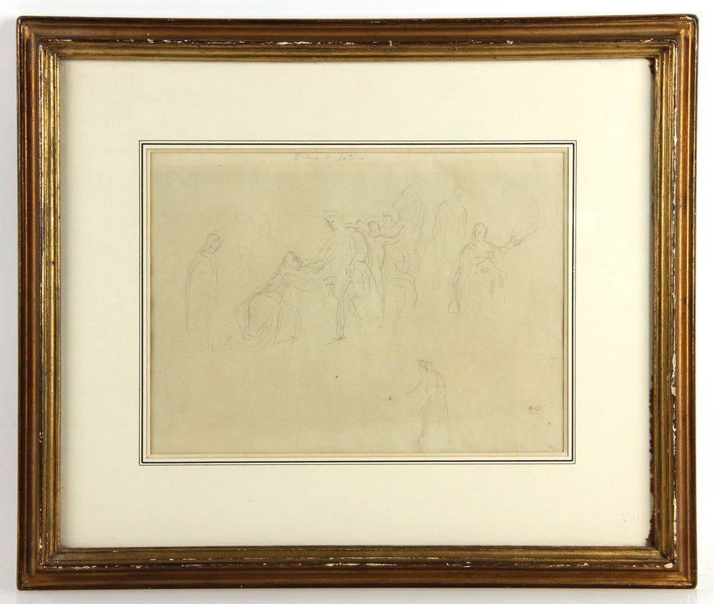 Delacroix, Figure Drawing, Pencil: Eugene Delacroix (1798-1863), figure drawing, pencil on laid paper, red "FD" initials lower right, titled illegibly top center, 8 1/2" x 12" (view), 16 1/2" x 19 1/2" (frame). Provenance: NH estate.