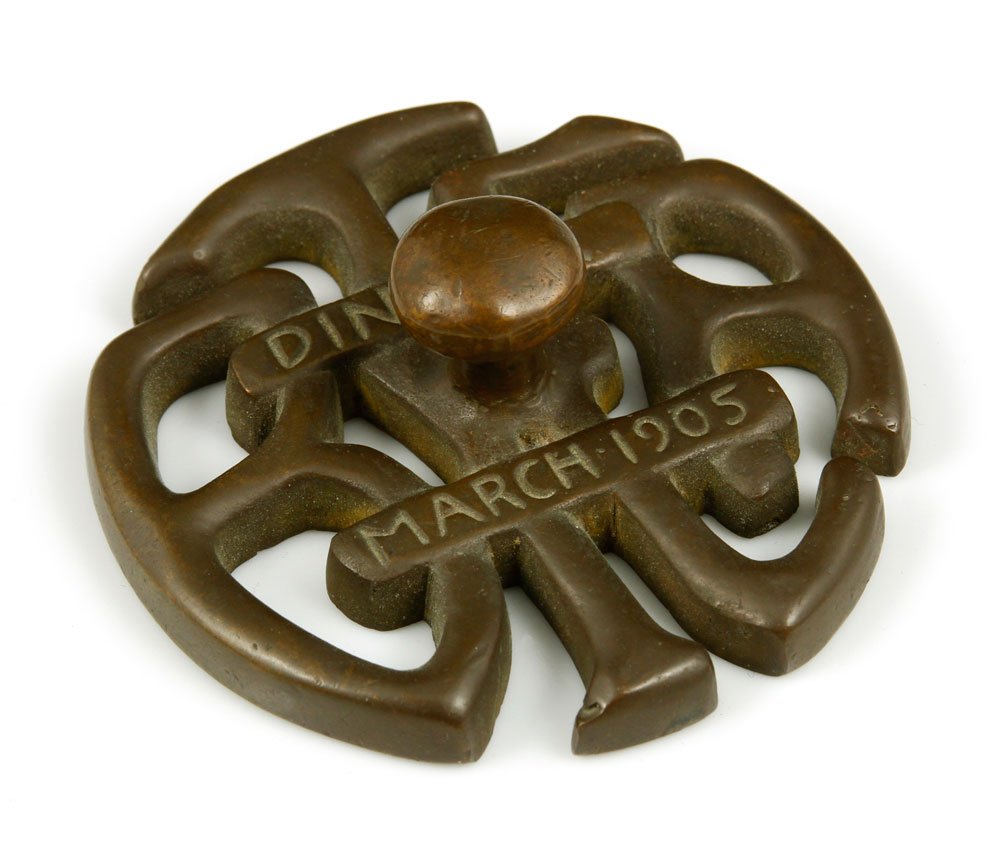 Tiffany Studios Bronze Paperweight: Tiffany Studios, New York, paperweight, bronze, impressed "Dinner March 1905", 3 1/4"w. Provenance: MA estate.