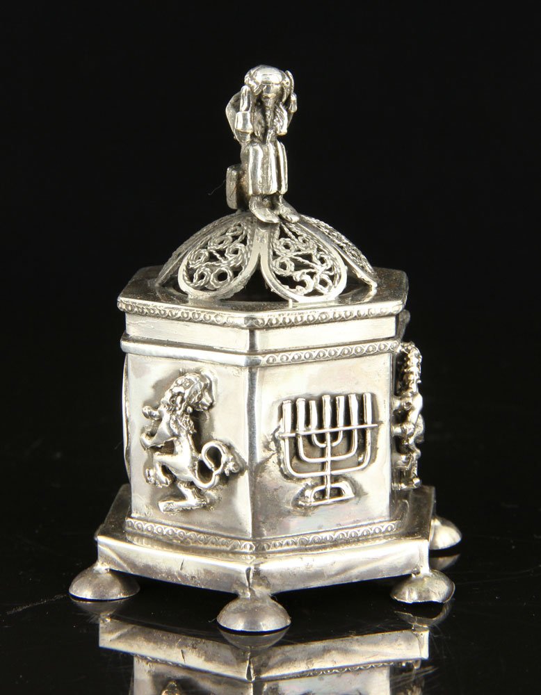 Russian Silver Judaica Spice Box: Russian silver Judaica spice box, marked 84 (for .875 silver), BC/1873, and other marks in Cyrillic, 3 1/2"h, approximately 2.7 troy oz TW. Provenance: CT estate.