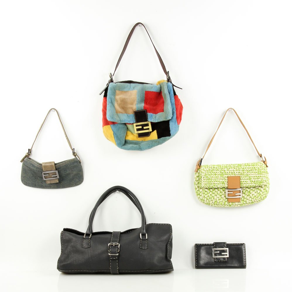 5 Fendi Purses: Lot of five Fendi purses, made in Italy, to include: one denim and camo clutch, 4 1/2" x 9 1/2"; one green and white knit purse, 6 1/2" x 11 1/2"; one color block died fur purse, 9" x 11 1/2"; one dar