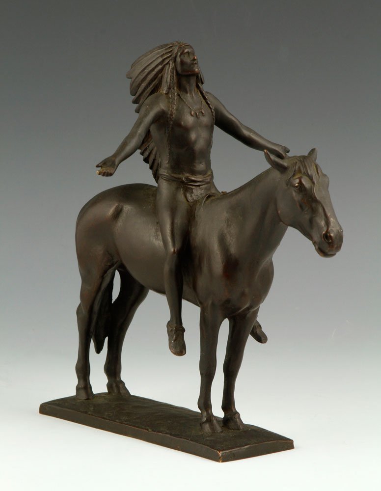 Dallin, "Appeal to the Great Spirit", Bronze: Cyrus Edwin Dallin (American 1861-1944), "Appeal to the Great Spirit", bronze sculpture, signed CE Dallin and dated 1913, also marked along edge with Gorham Founders mark, 9" x 9" x 6". Provenance: MA