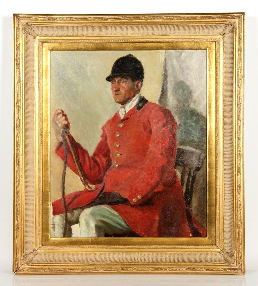 Attrb. Munnings, Portrait, O/C: Attributed to AJ Munnings (British 1878-1959), portrait of a man dressed for a fox hunt, oil on canvas, signed lower right, 24" x 20" (view), 32" x 28" (frame). Provenance: MA collector.