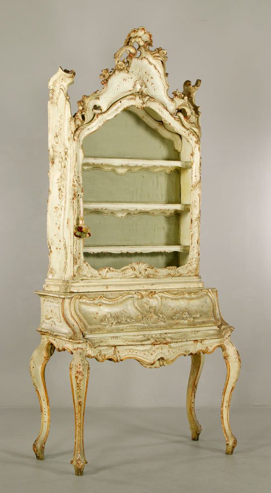 Early Venetian 2-Pc. Trumeau: Early Venetian two-piece Trumeau, extensively carved, paint decorated with original receipt from when purchased in Venice, was part of collection of Countess Anne Marie Volpi Cibfuria, includes key, 9