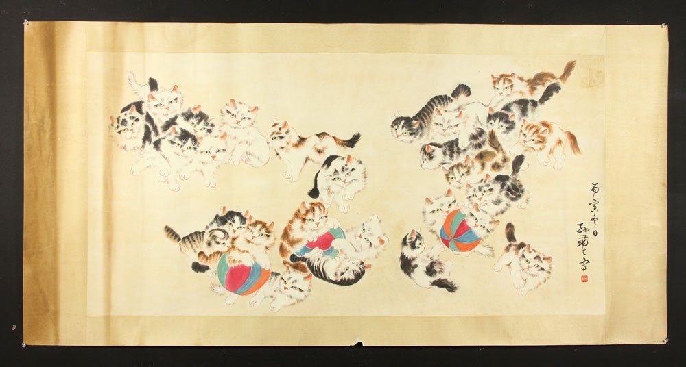 Chinese W/C Scroll of Cats: Chinese scroll, watercolor, of many cats playing with balls, signed Sun Jusheng, 27" x 53" (view). Provenance: Chinese estate.