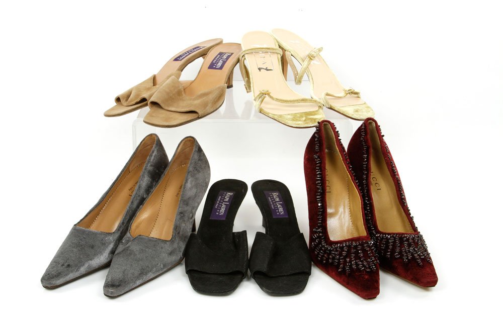 Lot of Gina, Gucci and Ralph Lauren Heels: Lot of Gina, Gucci and Ralph Lauren heels to include: Gina England sandals, leather and crushed velvet, US 8, EU 38.5; Gucci Italy pumps, leather and silver velvet, US 7, EU 37.5; Gucci Italy pumps, l