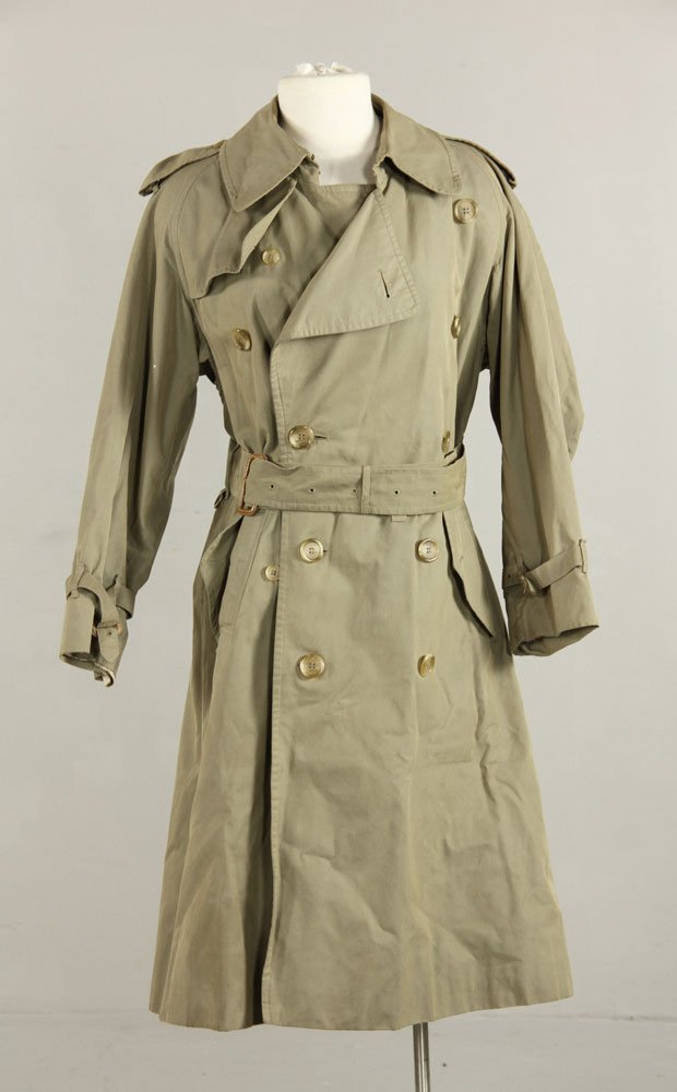 Burberry Trench Rain Coat: Burberry trench rain coat, olive drab, made in England, unlined, approximate size 8-10. Provenance: MA estate.