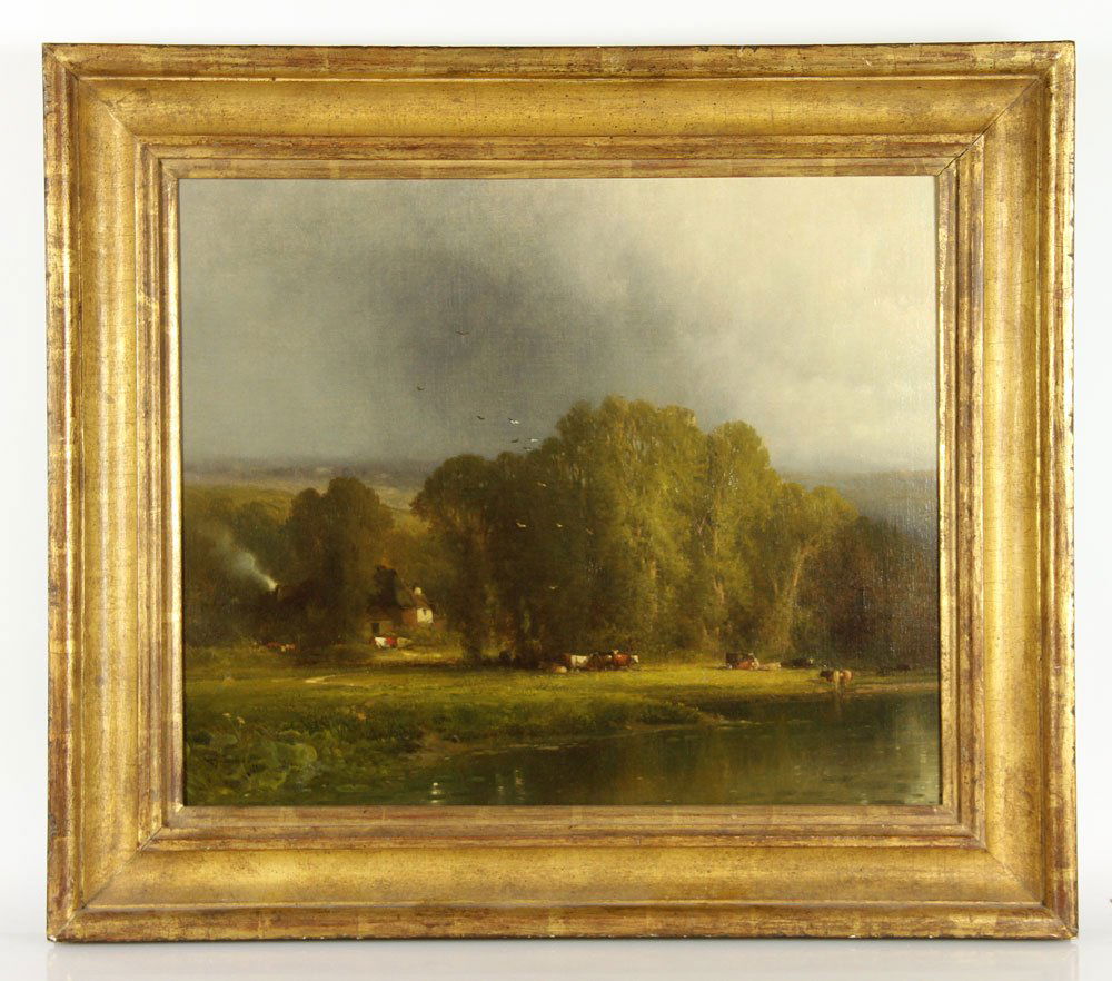Attrb. Inness, Landscape, O/B: Attributed to George Inness, landscape with cows, oil on board, signed and dated lower left, 19 1/2" x 23" (view), 27" x 30 1/2" (frame). Provenance: Ca collector.