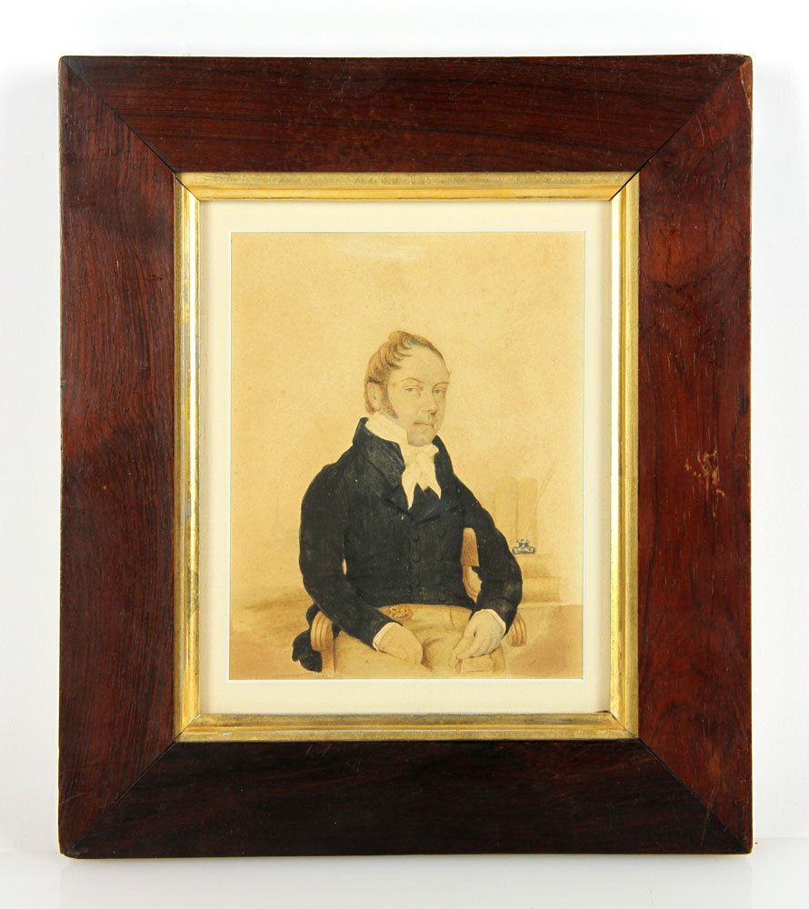 19th C. Folk Art W/C: Early 19th century Folk Art watercolor of a man, identified sitter William Douglas of Dedham, MA, 6" x 4 3/4". Provenance: FL collection.