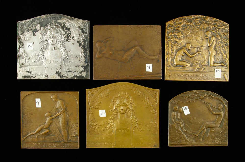 Lot of 6 Art Medals: Lot of six medals, to include: #4-A la gloire de la Telegraphie sans Fil La Societe des amis hollandaise-belge de la medaille d'art reverse, marked EugÃ¨ne Jean De Bremaecker 1912 obverse; #8- XX An