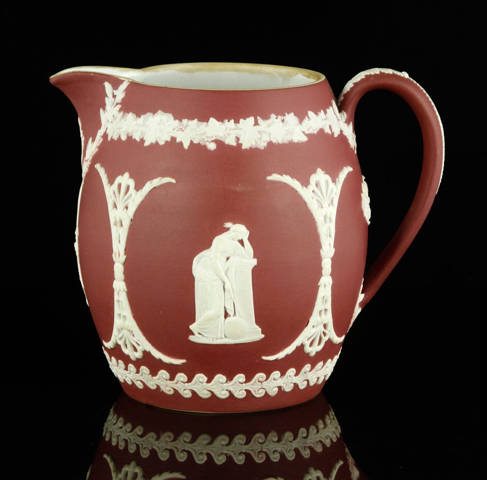 Burgundy Wedgwood Jasperware Pitcher: Burgundy Wedgwood Jasperware pitcher, 4 3/4" x 4 1/4". Provenance: FL estate.