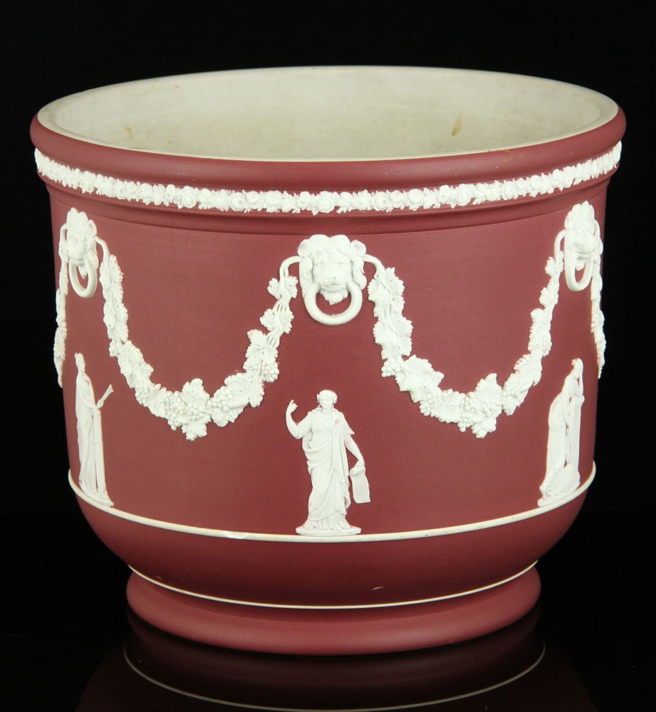 Wedgwood Jasperware Flower Pot: Wedgwood Jasperware burgundy and white flower pot, 8" x 9". Provenance: FL estate.