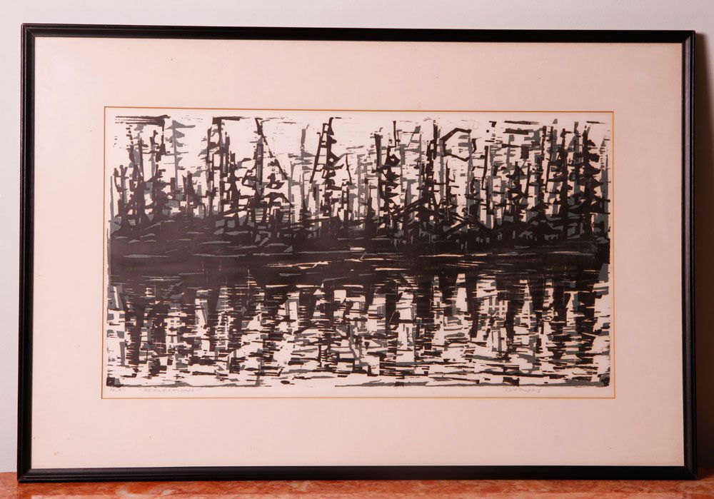Drewes, "Reflections," Woodcut: Werner Drewes, "Reflections," original color woodcut, signed in pencil, 12" h x 21" w (view), 18" h x 27" w (frame). Provenance: From the estate of the late Raymond Bolduc of Fort Lauderdale, Florida