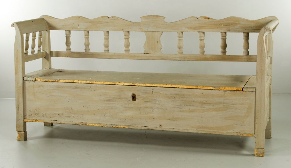 19th C. Bench: 19th century bench, with storage below, gray painted, 37" h x 74" w x 23" d.