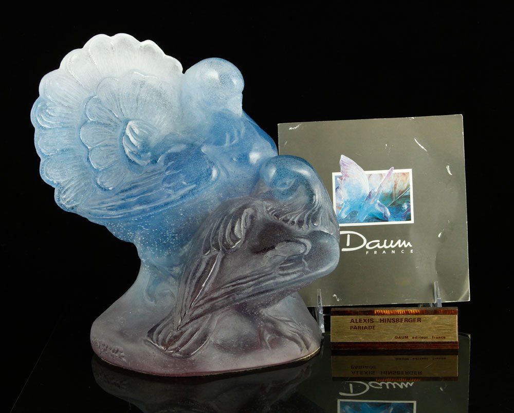 Daum Pate de Verre Dove Figure: Daum dove figure, pate de verre glass, 10" h x 7 1/2" w. Includes Daum booklet and name plaque. Provenance: From a California collection.