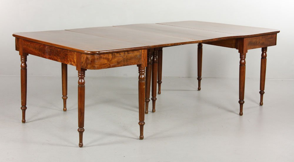 19th C. Federal Walnut Dining Table: New York or New Jersey Federal dining table, c. 1800, walnut, comprised of two joined dropleaf pier tables, 29 1/2" h x 85" w x 46" d. Provenance: From a Massachusetts estate.