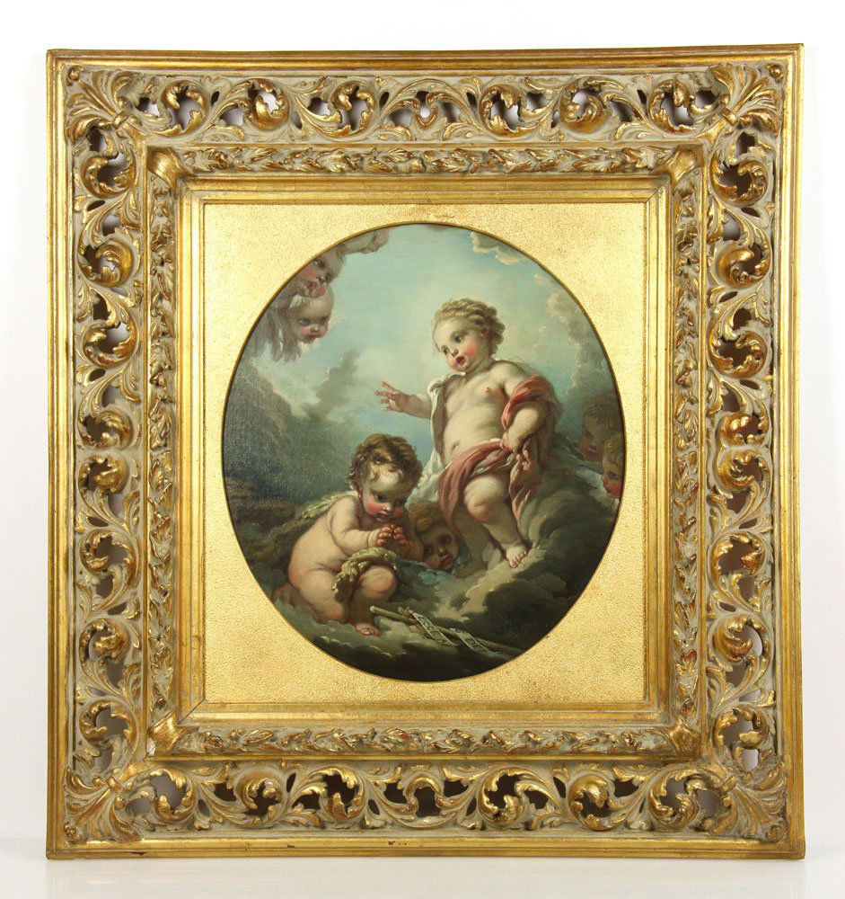 19th C. Italian, Infant St. John the Baptist, O/C: 19th century Italian, infant St. John the Baptist in heaven with cherubs, oil on canvas, in gilt frame, Hans Neubert label verso, 18 1/2" h x 16" w (view), 32 3/4" h x 30" w (frame). Provenance: From