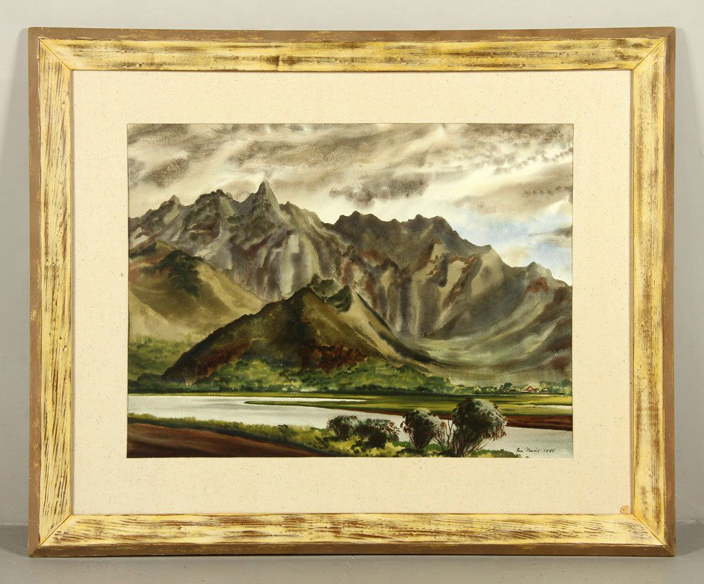 Norris, Mauna Loa Mountains, W/C: Ben Norris (American, 1910-2006), Mauna Loa mountains, watercolor, framed under glass, signed and dated 1944 lower right, 22" h x 30" w (view), 35" h x 43" w (frame). Provenance: From the Estate of th